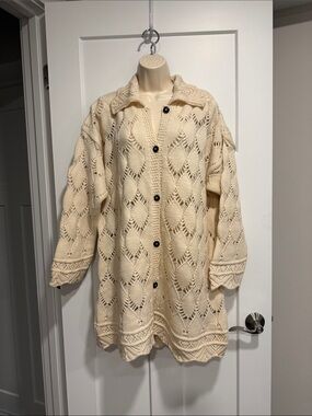 Aran Crafts Ireland 100% Wool Irish Knit Cardigan Sweater Cream XL
